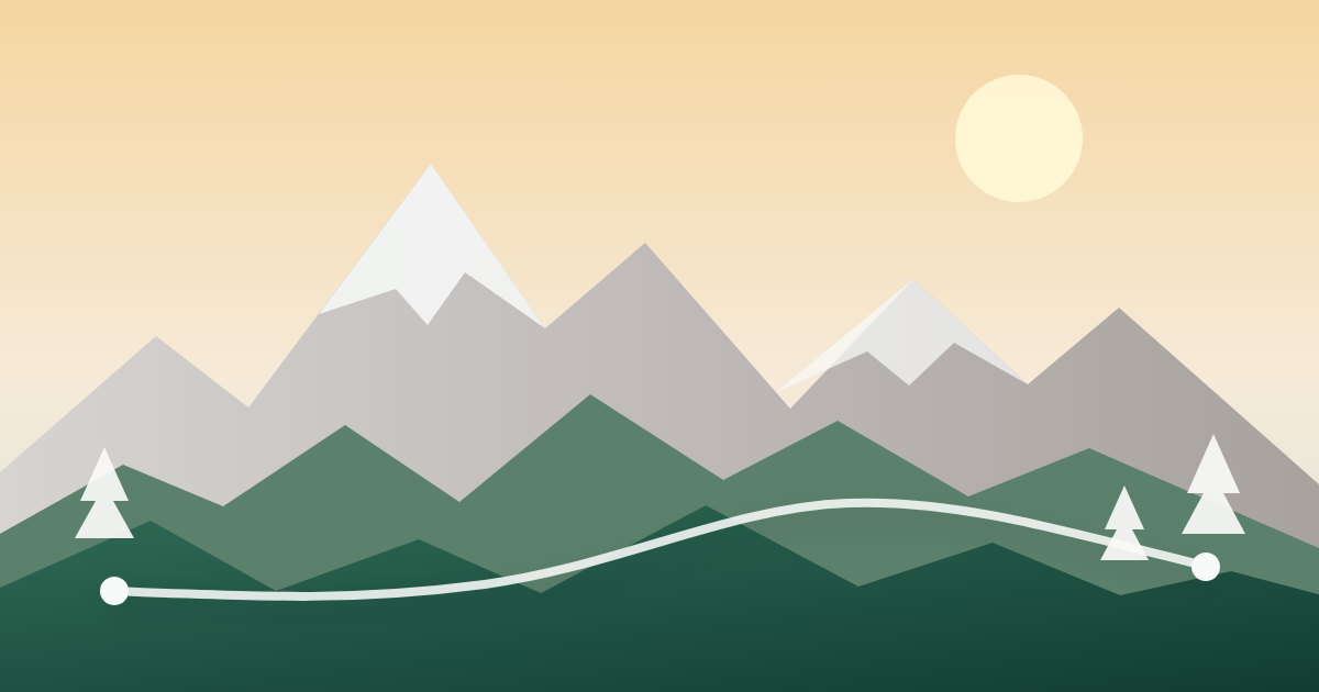Layered green and stone mountain forms beneath a warm alpine sky